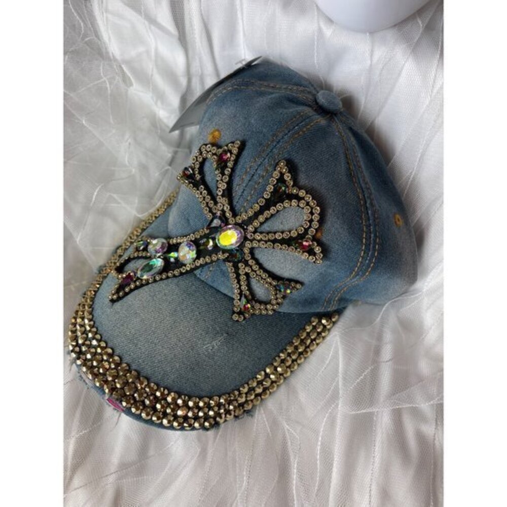 Distressed Denim Cross Rhinestone Bling Cap - Picture 2 of 8